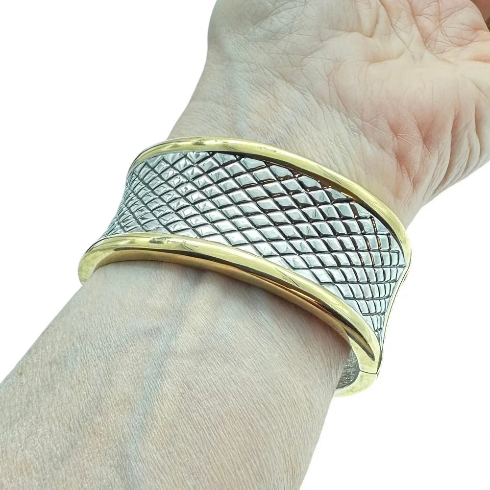 Gold & Silver Tone Cuff Bangle Bracelet Two Tone Diamond Weave‎ Fashion Jewelry